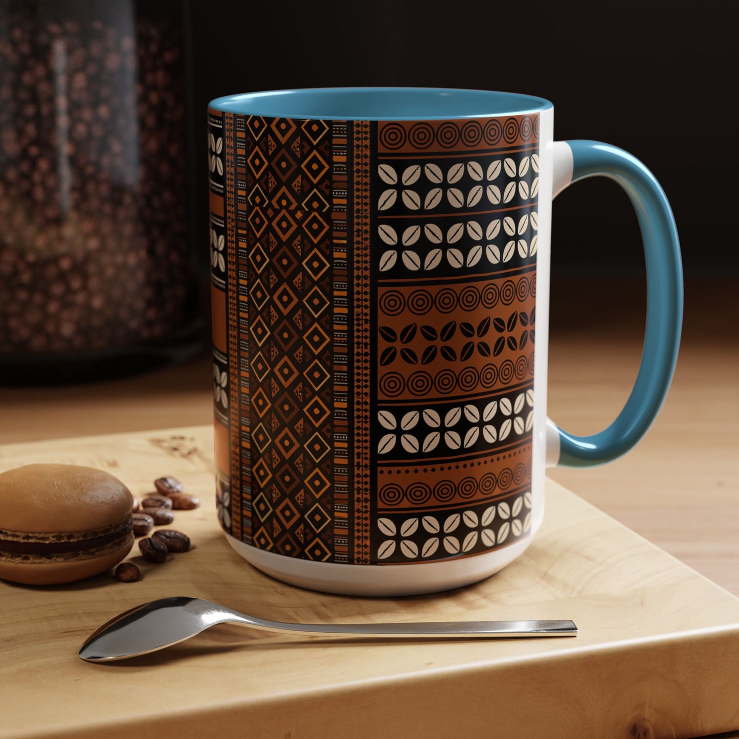 Mudcloth and Cowries Ceramic Coffee Mug (11, 15oz) in 4 Colors, 2 Sizes, Unique African Print Design