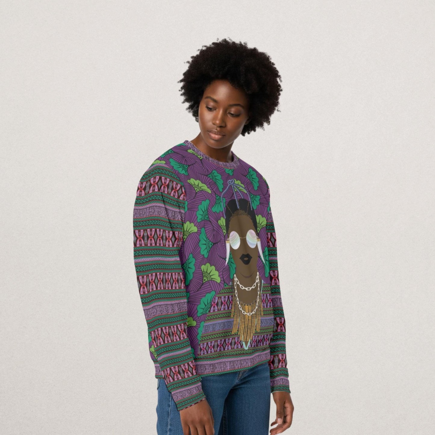 Purple Toghu and Floral Ankara Print African Unisex Sweatshirt for Men and Women, Soft Scuba Fabric Unisex Casual Pullover, Comfortable Fit