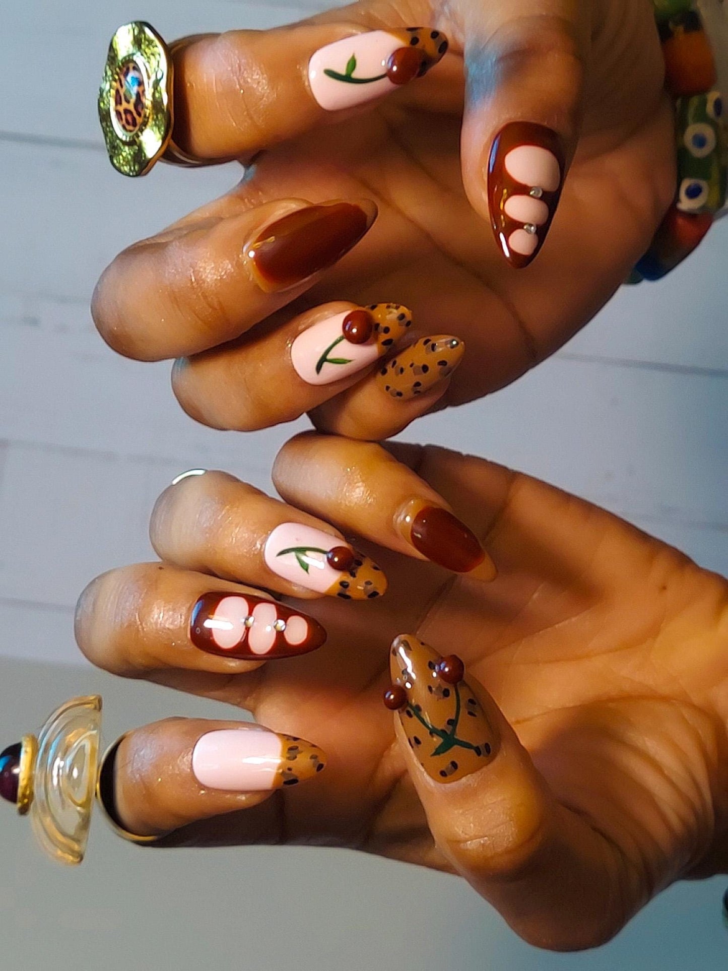 Handmade Red Cherry Leopard Stiletto Press On Nails, Trendy Nail Art