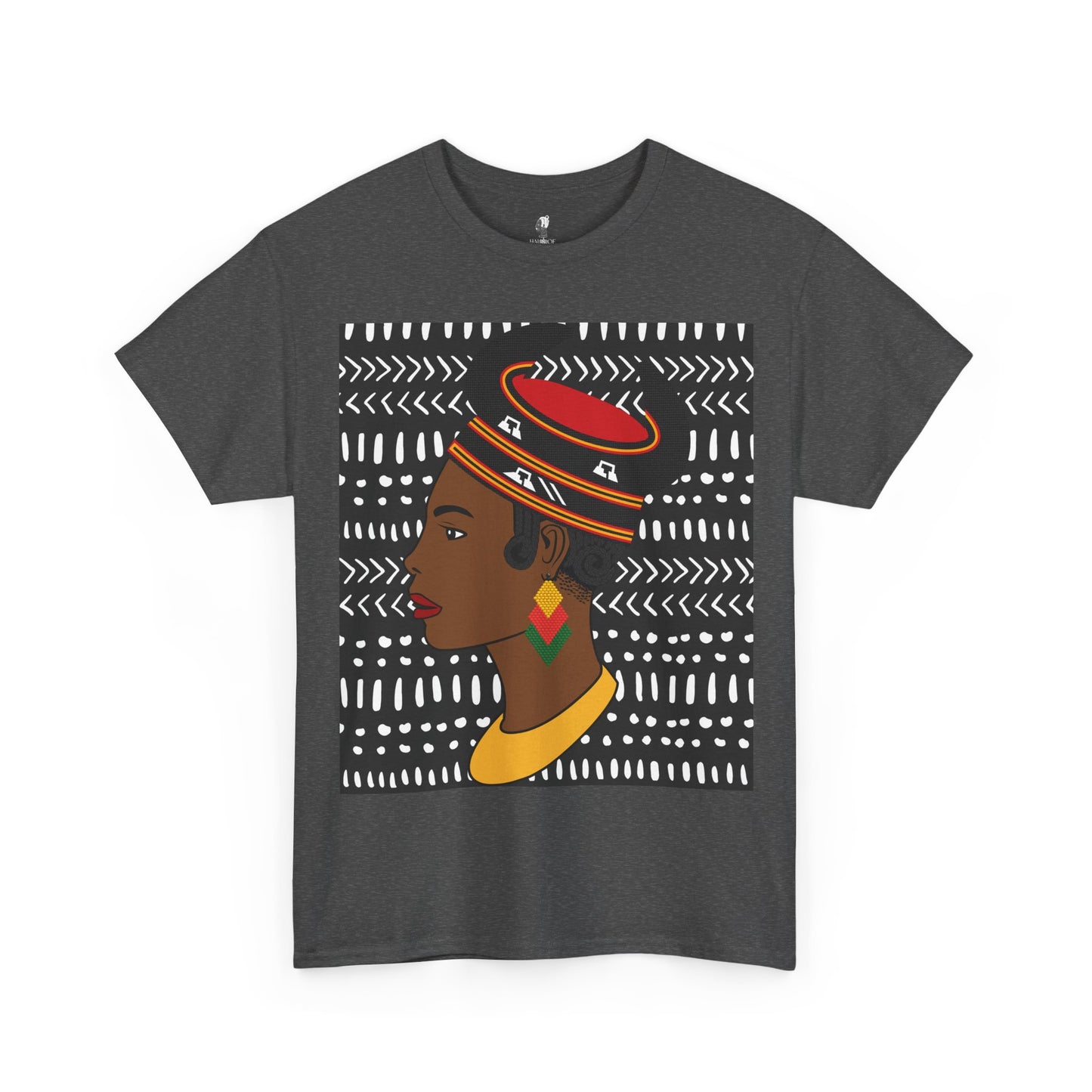 African Lady in Bamenda Bamileke Hat Unisex Tee, Ethnic Mudcloth T-Shirt, Black Boho Shirt, Festival Clothing, Afrocentric Top