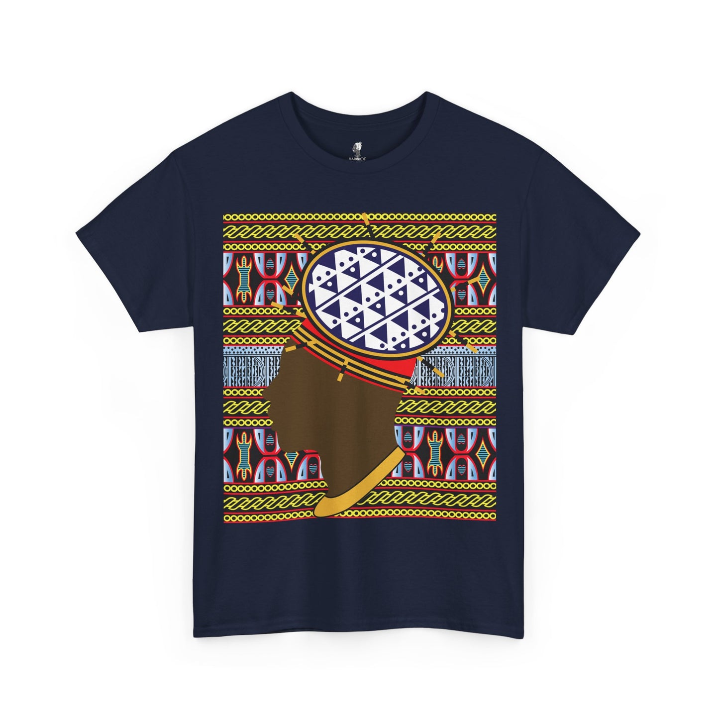 Man in Spiky Bamenda Bamileke Hat Chocolate on Black Mudcloth Unisex Heavy Cotton Tee