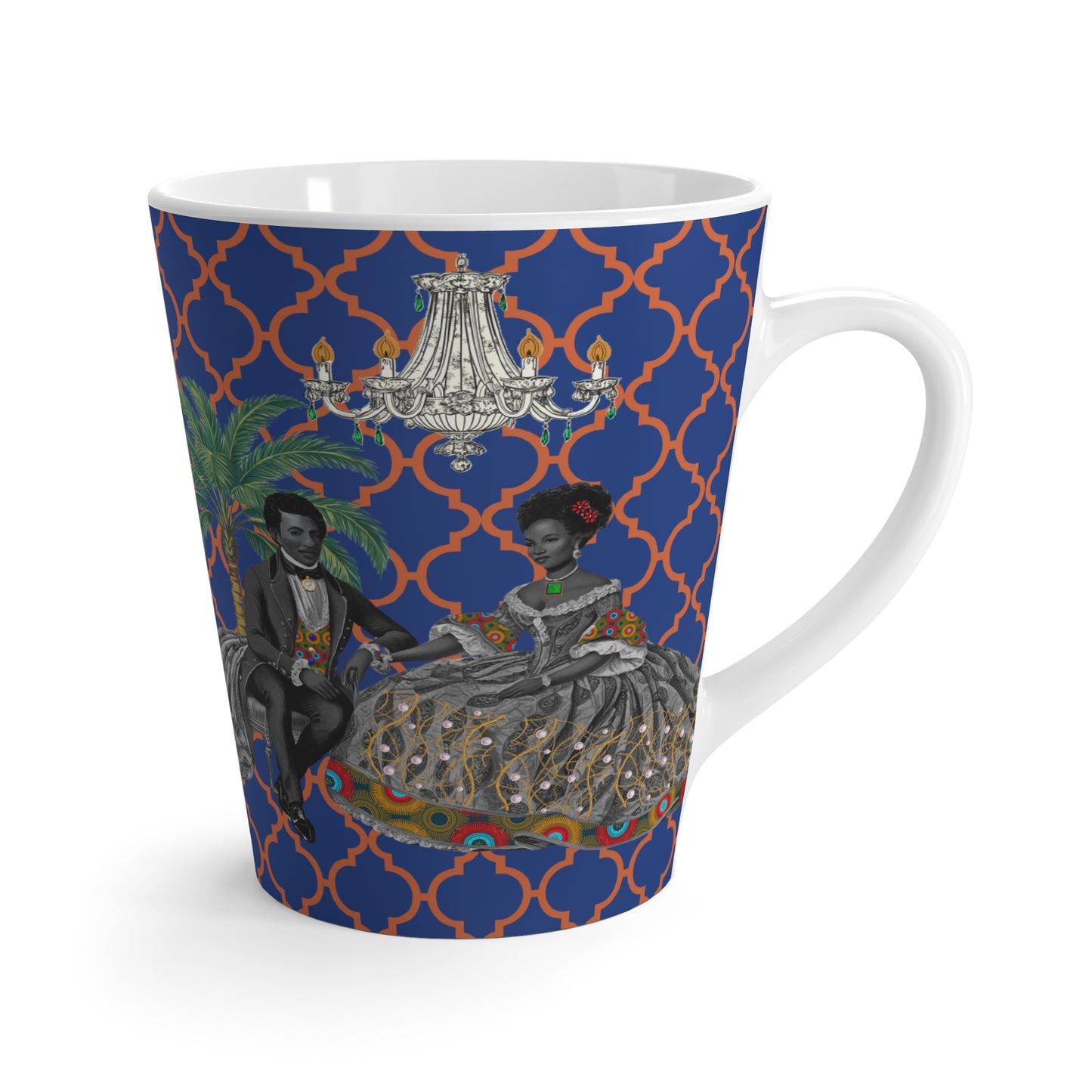 Toile Aristocrat Couple on Argyle Ceramic Coffee Latte Mug, 12oz - Unique Tea Cup, Vintage French Style, Gift for Tea Lovers, Retro