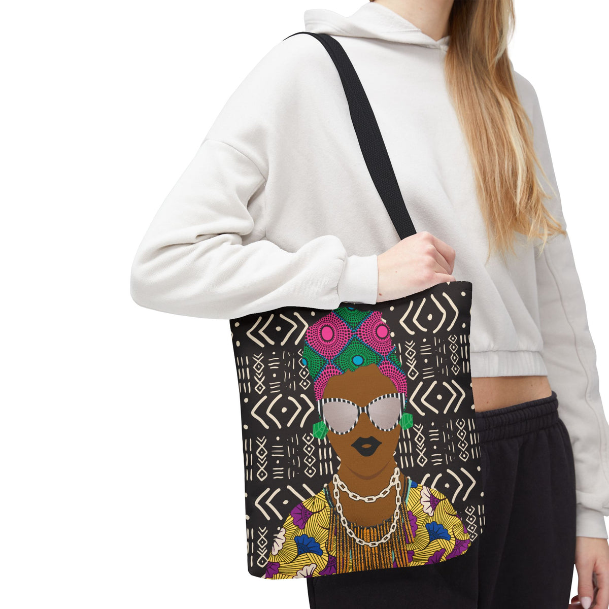 Sabi two sided Canvas Tote Bag | African Print Portrait Tote, Mudcloth and Headwrap Pattern