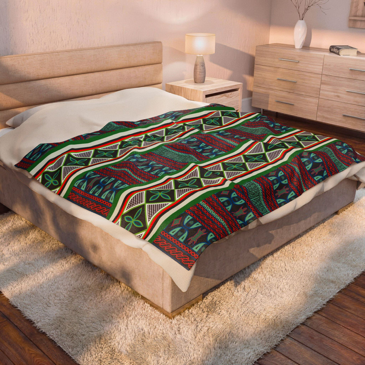 Aqua Red Toghu with Strip Velveteen Plush Blanket