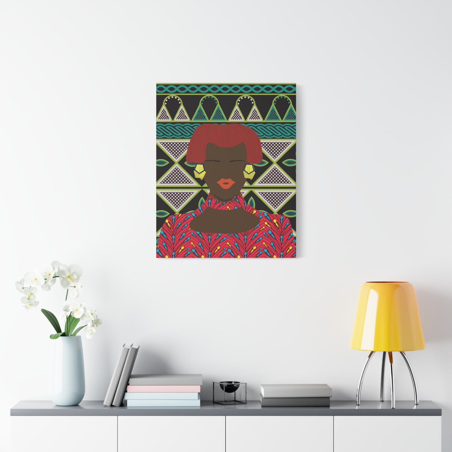 Matte Canvas Wall Art, Bobby (Chocolate) in Floral Red on Green Cameroon Toghu Stretched Art Print, Home Decor, African Inspired Gift, Unique, Stretched, 1.25"