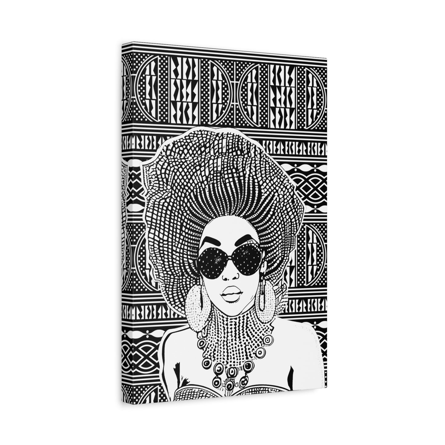 Madame Headtie on BW Ndop Matte Canvas, Stretched, 1.25" Modern African Art Print, Stylish Home Decor