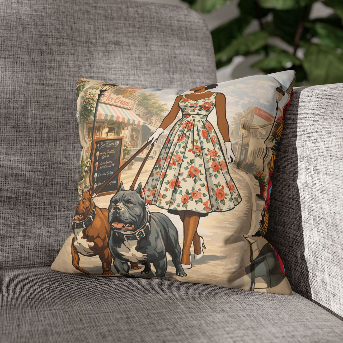 Faux Suede Pillow Case, Strut, Scoops & Pups, Square Throw Cushion, 1950s Home Decor, Living Room Accent, Bedroom Accessory
