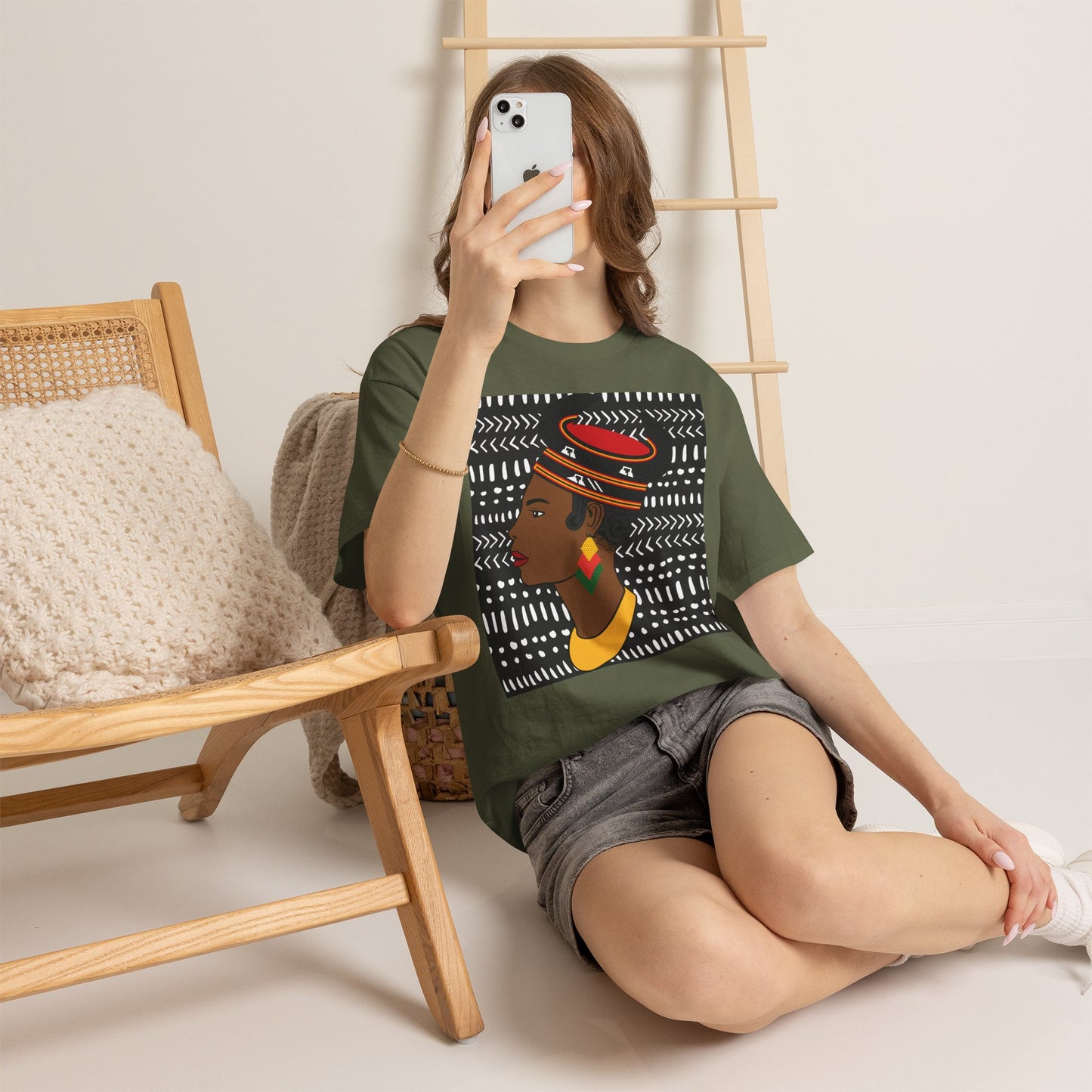 African Lady in Bamenda Bamileke Hat Unisex Tee, Ethnic Mudcloth T-Shirt, Black Boho Shirt, Festival Clothing, Afrocentric Top