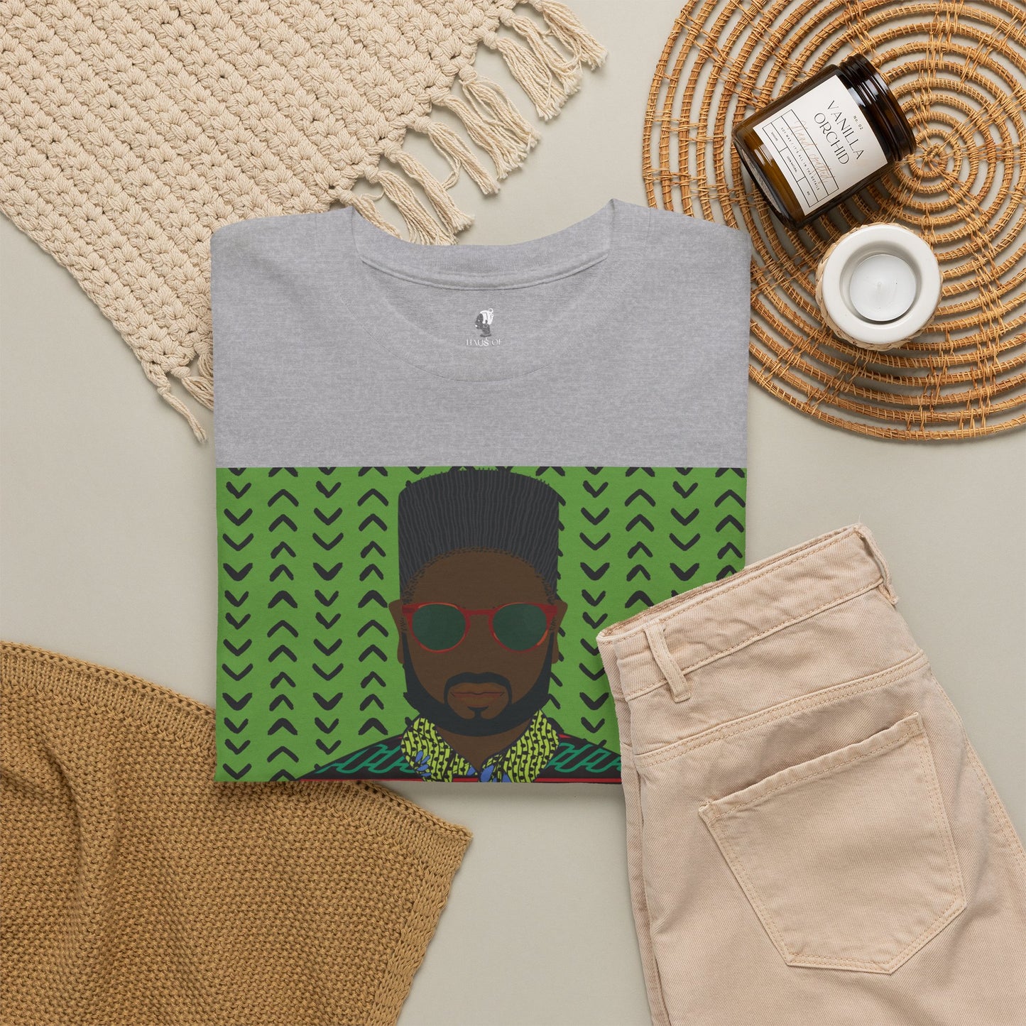 Phillipe(Chocolate) in Purple Toghu on Green Mudcloth Unisex Heavy Cotton Tee