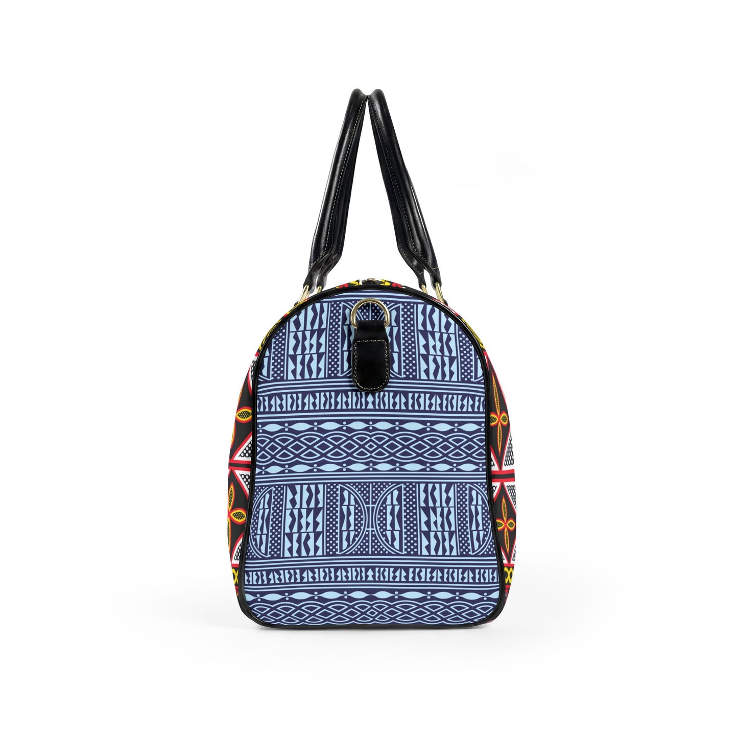 NEW Vegan Leather Travel Bag, Yellow Toghu with Blue Ndop Sides print