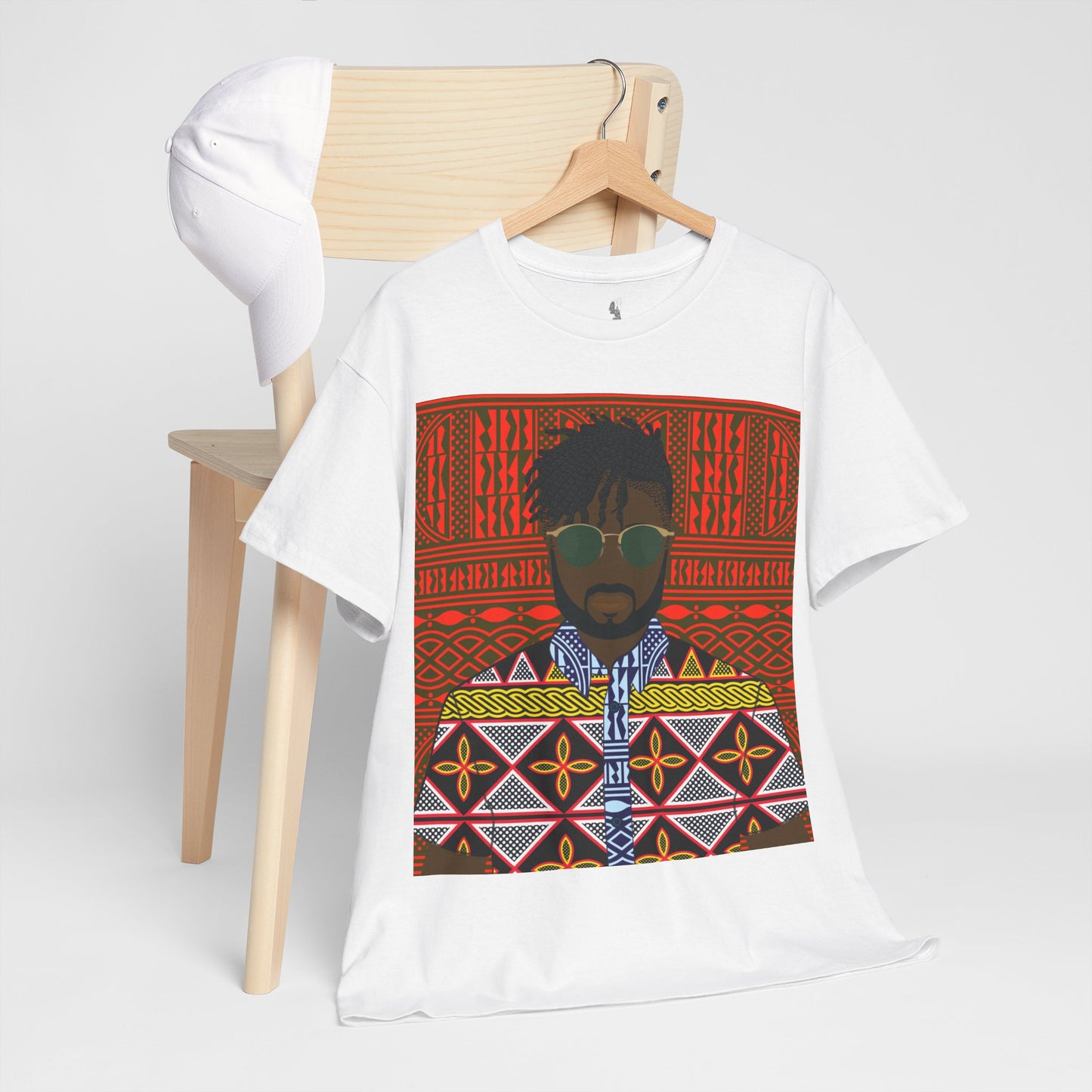 Pascale(Chocolate) in Yellow Toghu on Red Ndop Unisex Heavy Cotton Tee