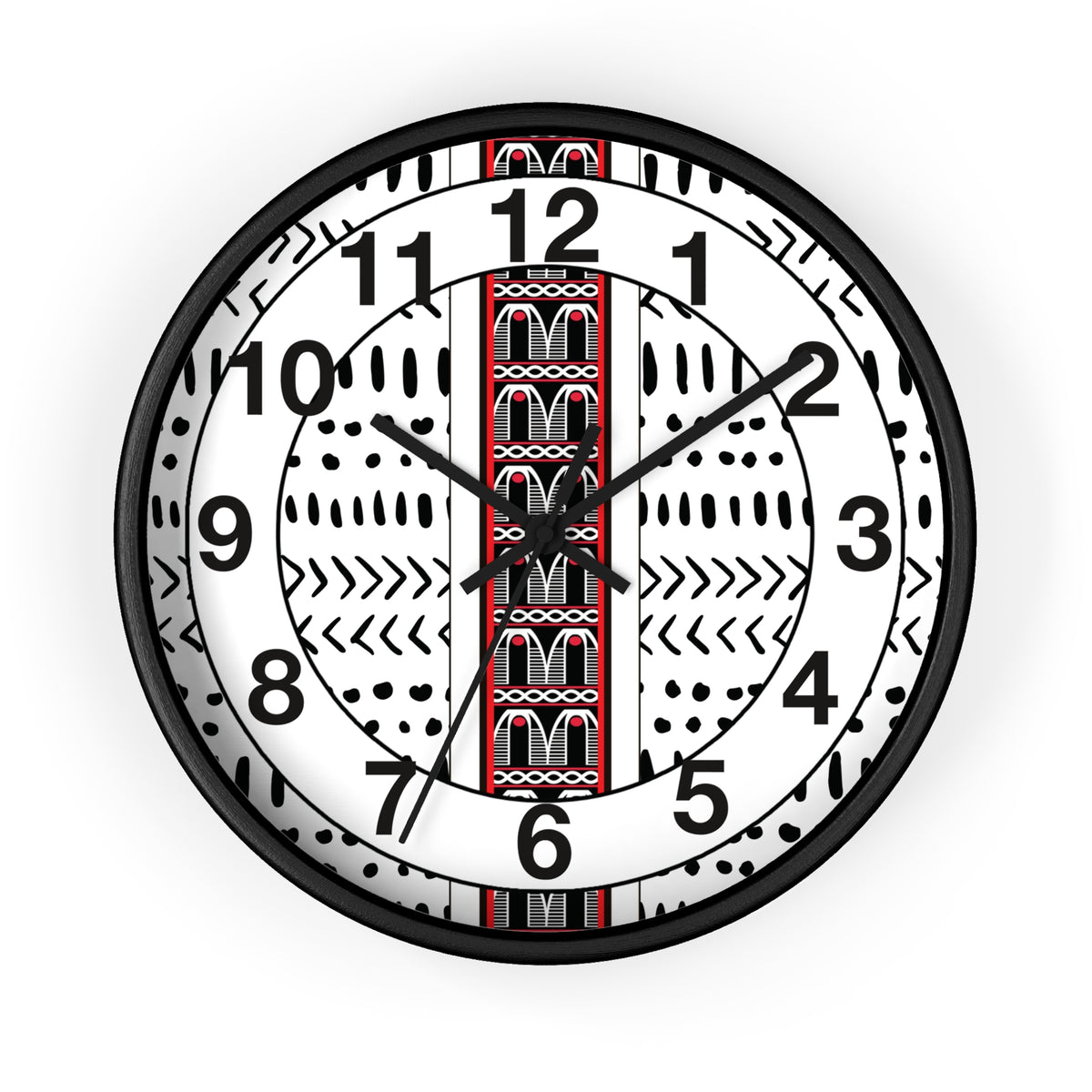 Black and White Toghu Stripe on Mudcloth Round Wood Wall Clock