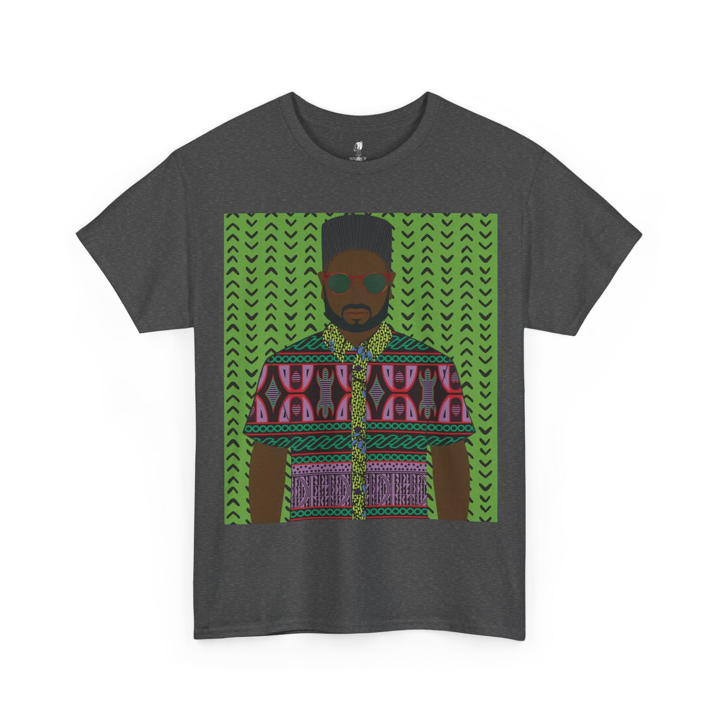 Phillipe(Chocolate) in Purple Toghu on Green Mudcloth Unisex Heavy Cotton Tee
