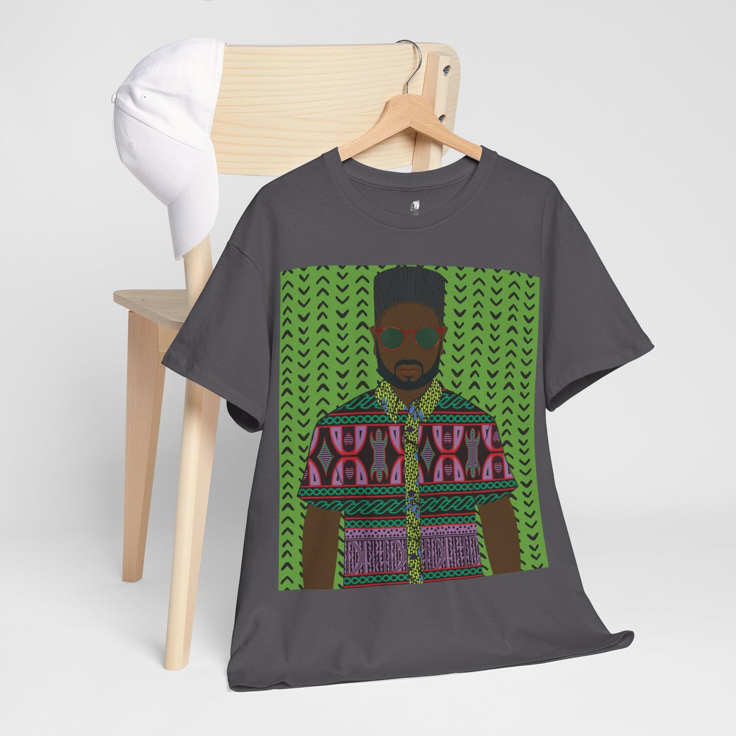 Phillipe(Chocolate) in Purple Toghu on Green Mudcloth Unisex Heavy Cotton Tee