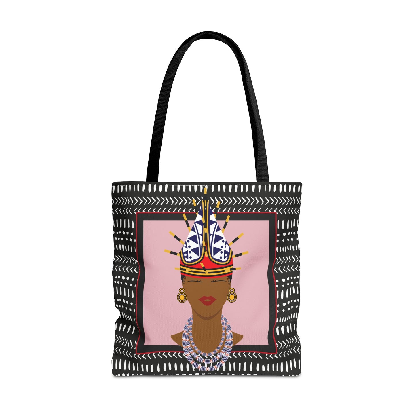 African Inspired Spiky Hat Bamileke Bamenda Girl on Pink and Mudcloth AOP Tote Bag, Ethnic Shoulder Bag, Cultural Market Bag, Colorful