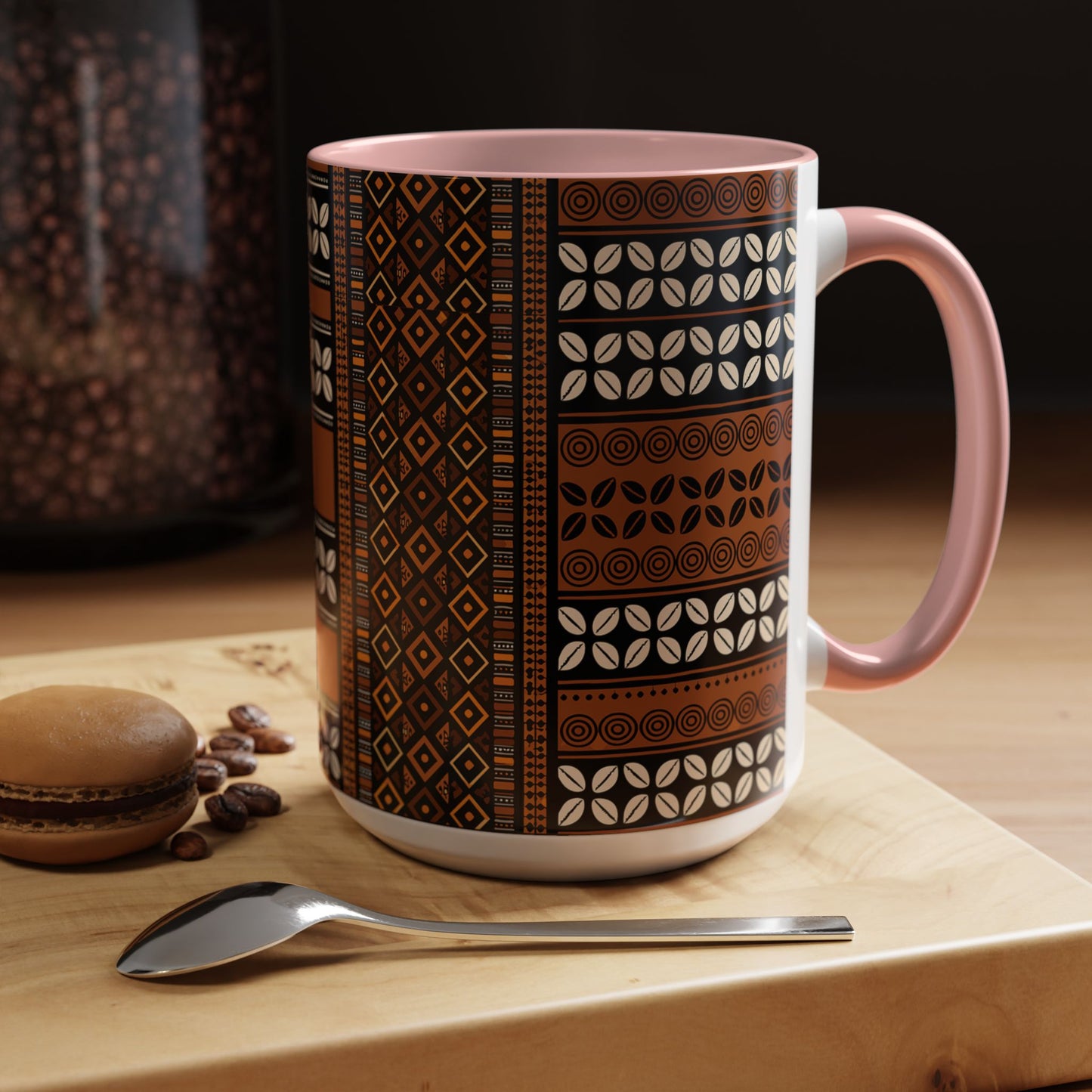 Mudcloth and Cowries Ceramic Coffee Mug (11, 15oz) in 4 Colors, 2 Sizes, Unique African Print Design