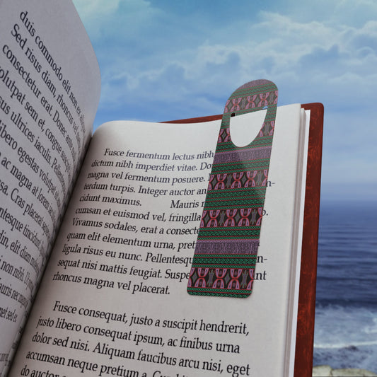 May include: A bookmark with a dark-green, purple, and pink geometric pattern. The bookmark has a hole at the top for hanging.  The text on the book page includes Latin phrases such as 'Fusce fermentum lectus nibh dictum nibh imperdiet vitae.' and 'Fusce consequat, justo a suscipit hendrerit.'