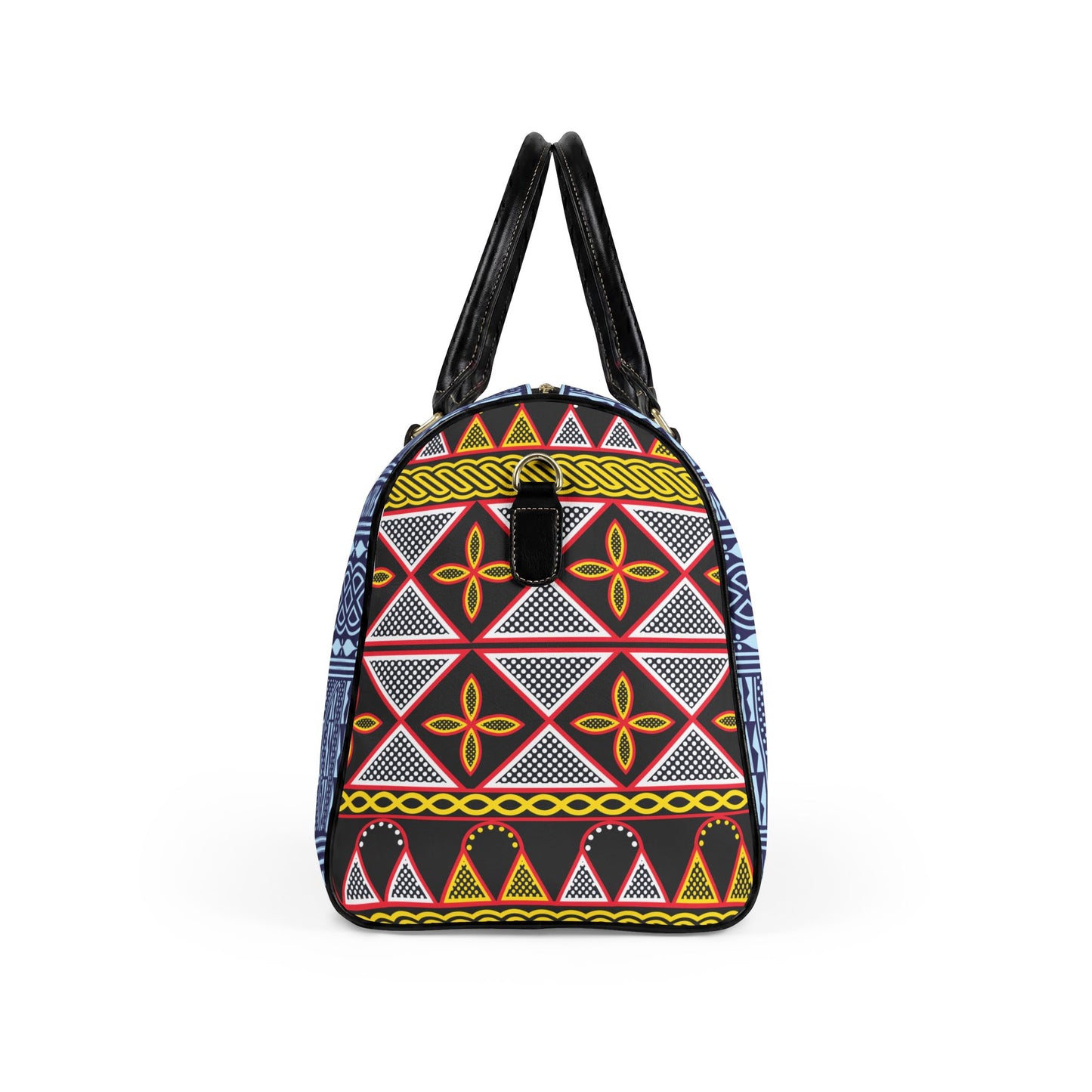 NEW Vegan Leather Travel Bag, Blue Ndop with Yellow Toghu Sides print