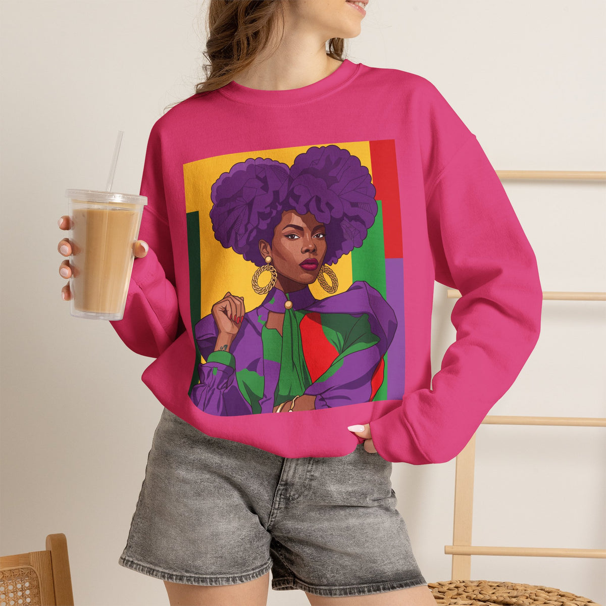 Abella Cotton Blend Sweatshirt, Black Woman Art, Colorful African-Inspired Crewneck