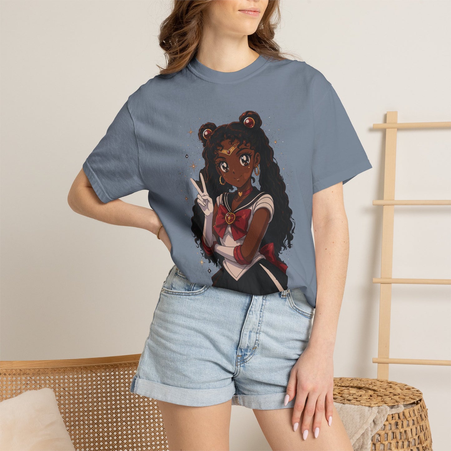 Melanin Magic Anime Tee, Black Anime Girl Shirt, Afro Magical Girl Tee, African Streetwear Graphic, Unisex Garment-Dyed T-Shirt