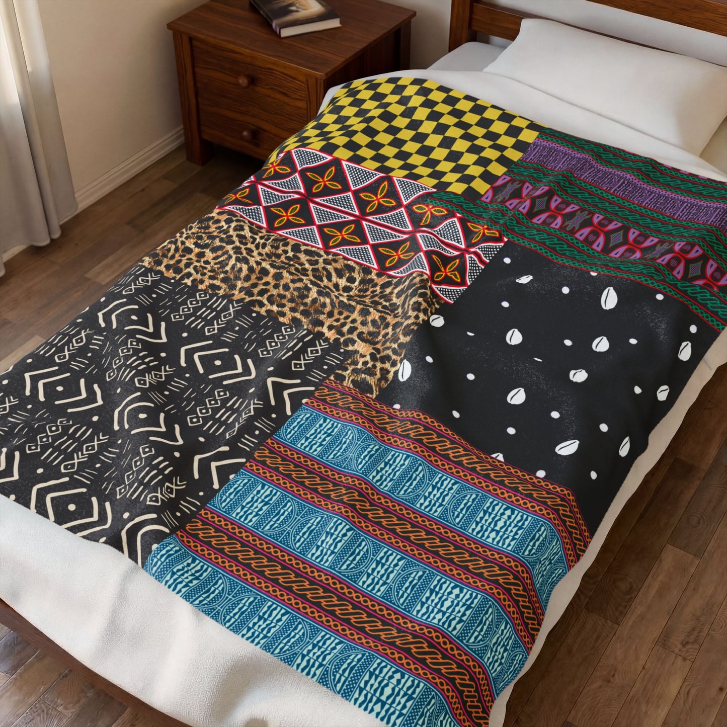 African Patchwork Velveteen Blanket, Cozy Throw, Ethnic Design Bedding, Soft Afrocentric Bedspread, Warm Living Room Decor, Unique Cultural