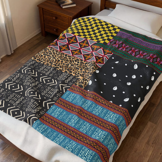 African Patchwork Velveteen Blanket, Cozy Throw, Ethnic Design Bedding, Soft Afrocentric Bedspread, Warm Living Room Decor, Unique Cultural