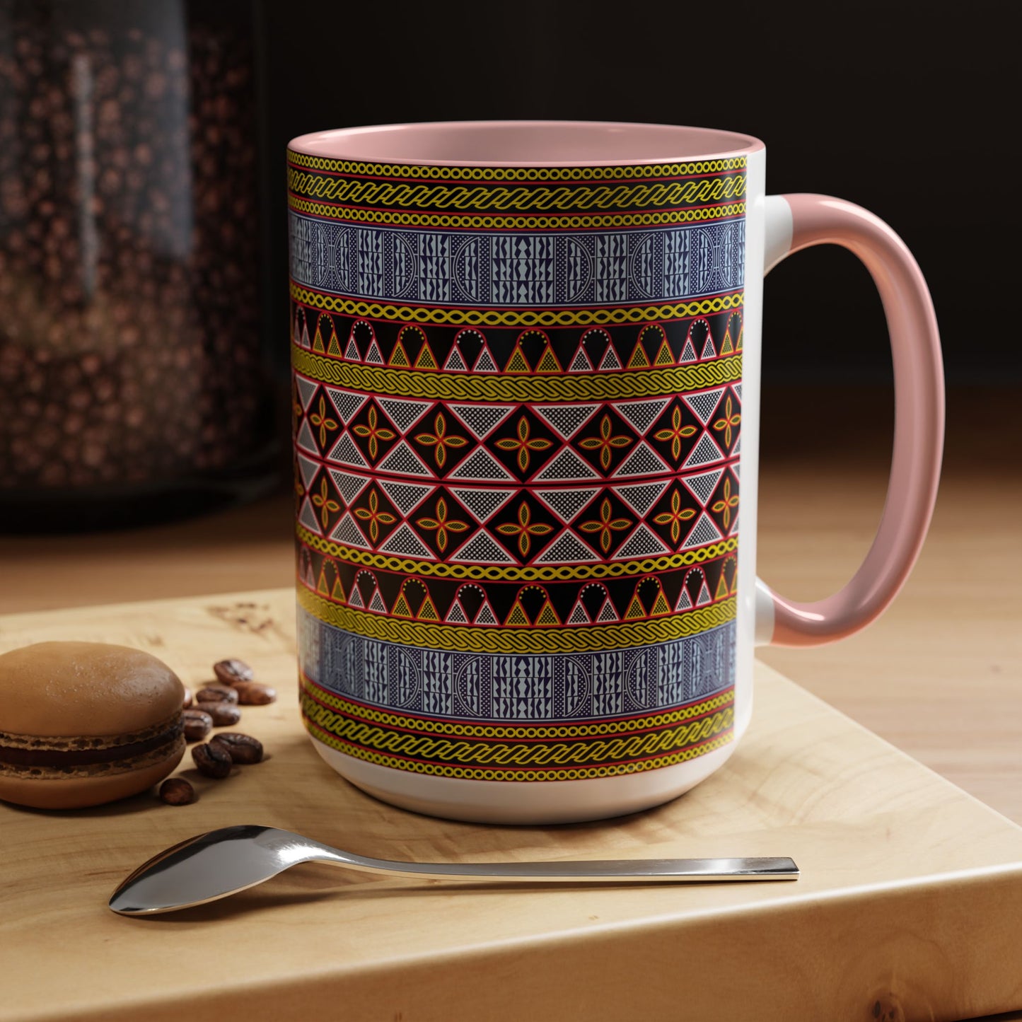 Cameroonian Toghu and Ndop Ceramic Coffee Mug (11, 15oz) in 4 Colors, 2 Sizes, Unique African Print Design