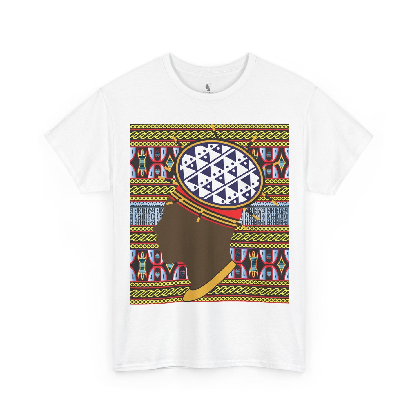 Man in Spiky Bamenda Bamileke Hat Chocolate on Black Mudcloth Unisex Heavy Cotton Tee