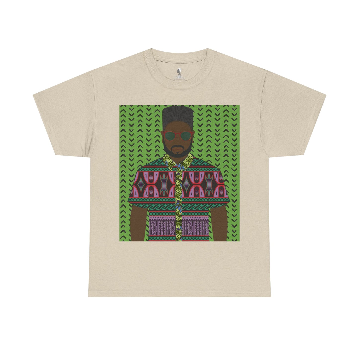 Phillipe(Chocolate) in Purple Toghu on Green Mudcloth Unisex Heavy Cotton Tee