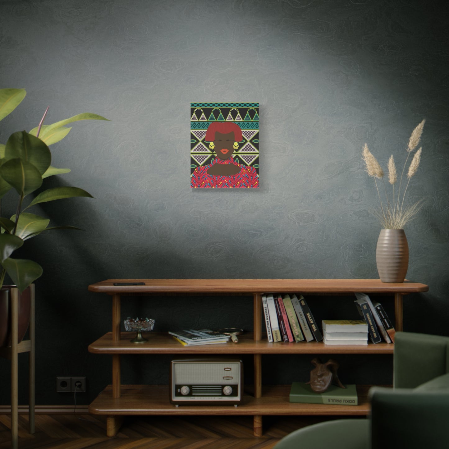 Matte Canvas Wall Art, Bobby (Chocolate) in Floral Red on Green Cameroon Toghu Stretched Art Print, Home Decor, African Inspired Gift, Unique, Stretched, 1.25"