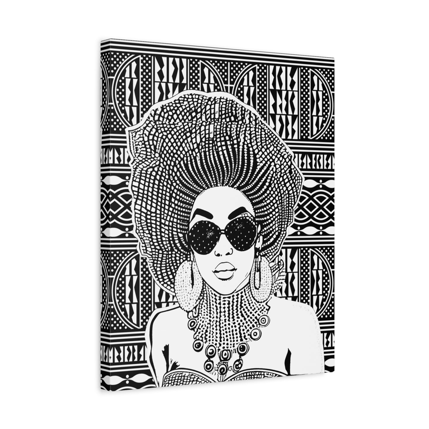 Madame Headtie on BW Ndop Matte Canvas, Stretched, 1.25" Modern African Art Print, Stylish Home Decor