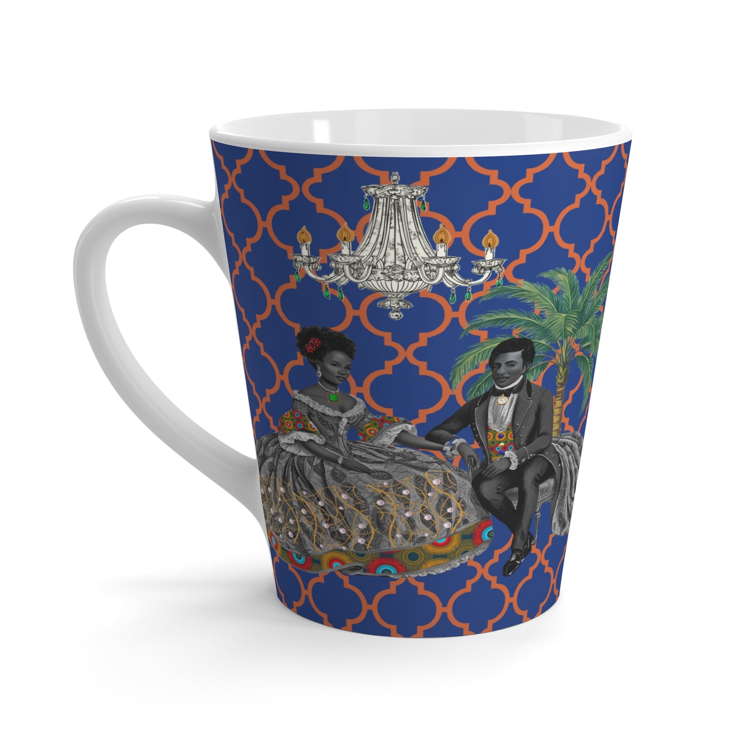 Toile Aristocrat Couple on Argyle Ceramic Coffee Latte Mug, 12oz - Unique Tea Cup, Vintage French Style, Gift for Tea Lovers, Retro
