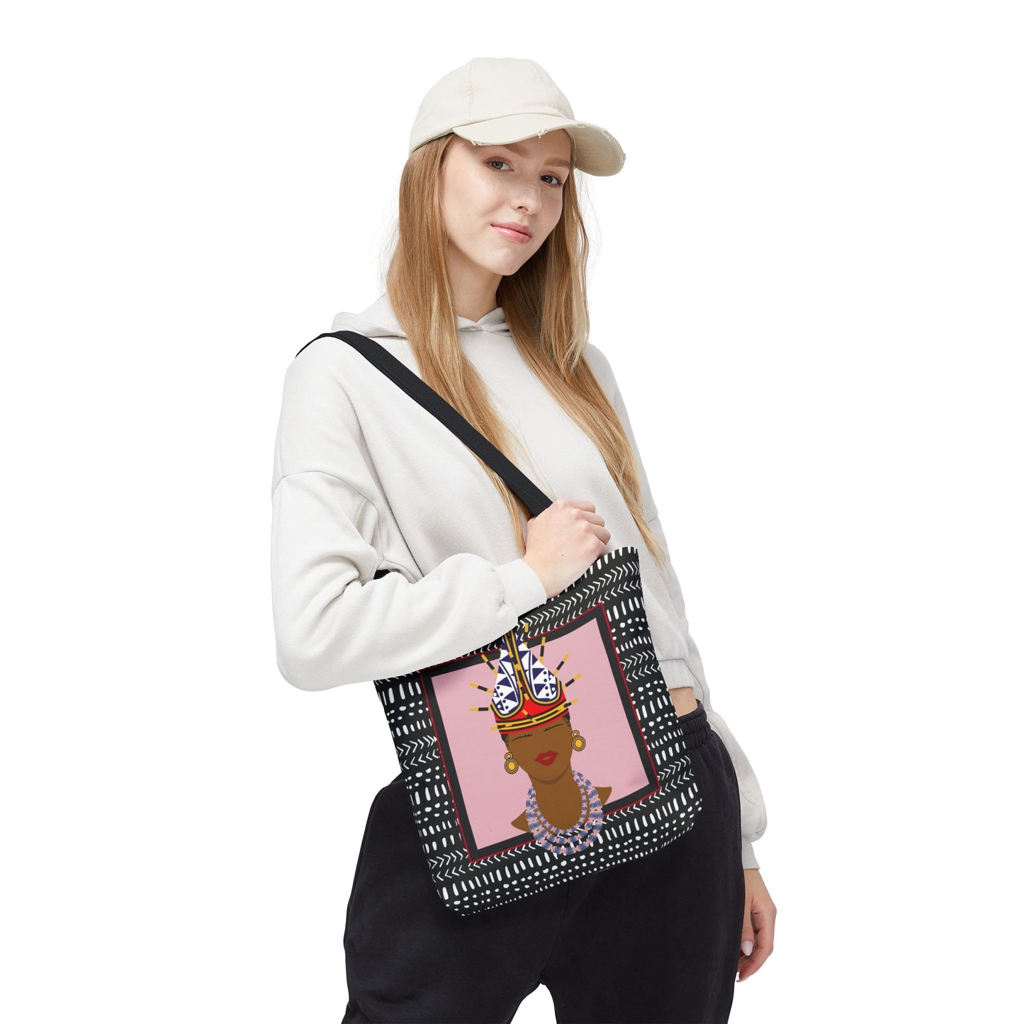 African Inspired Spiky Hat Bamileke Bamenda Girl on Pink and Mudcloth AOP Tote Bag, Ethnic Shoulder Bag, Cultural Market Bag, Colorful