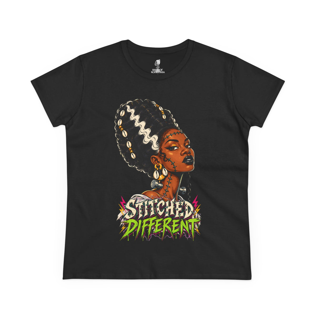 Stitched Different Afro Punk Portrait Tee, Halloween Women's Cotton Cotton T-Shirt