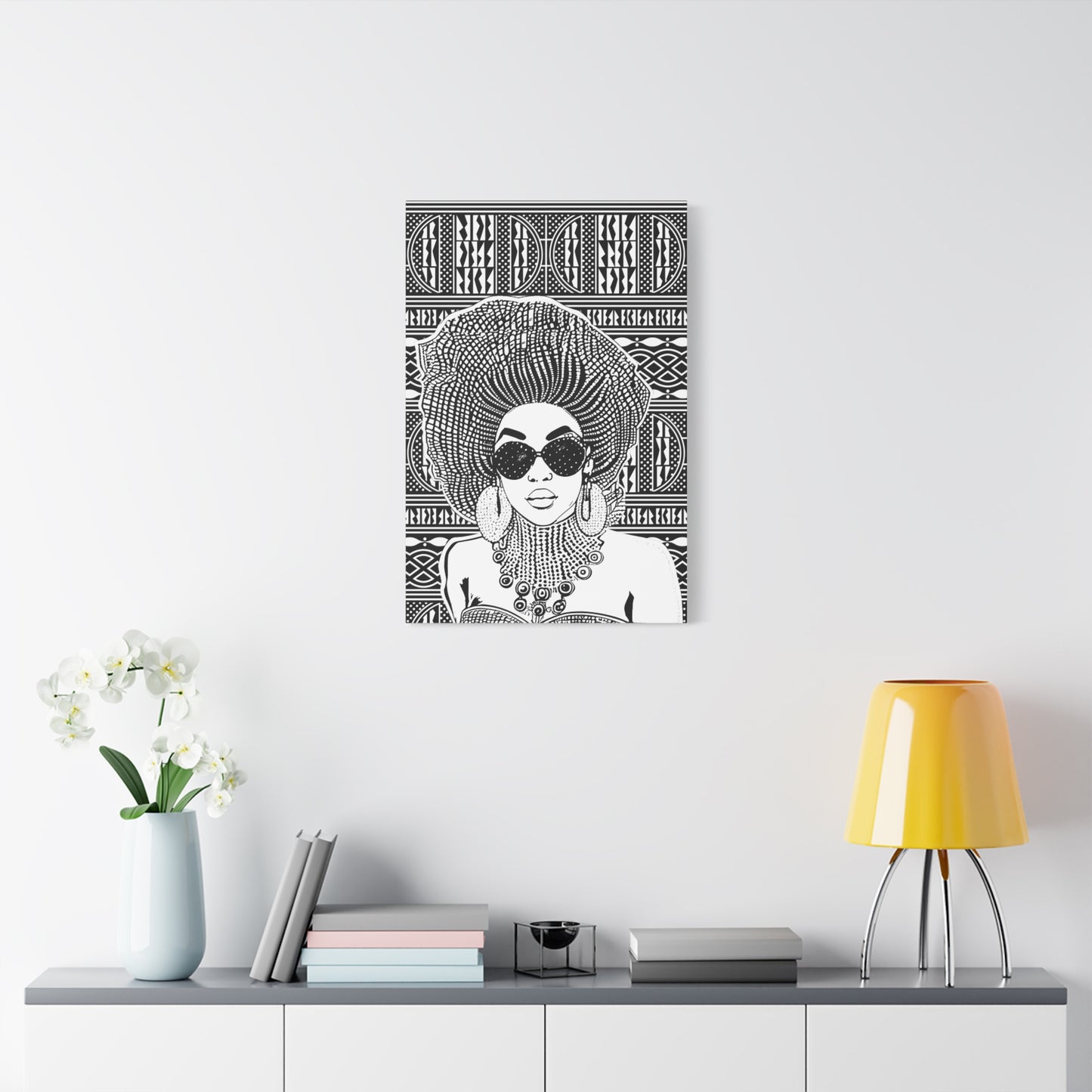 Madame Headtie on BW Ndop Matte Canvas, Stretched, 1.25" Modern African Art Print, Stylish Home Decor