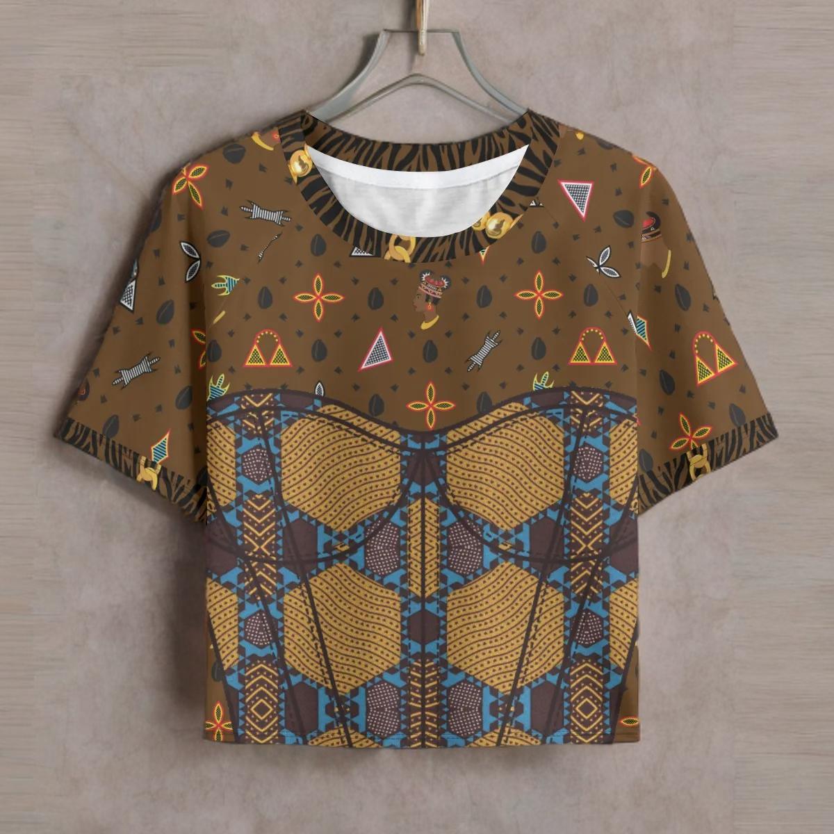 Brown Toghu Ankara Crop Top: High Stretch Women's Raglan Shirt