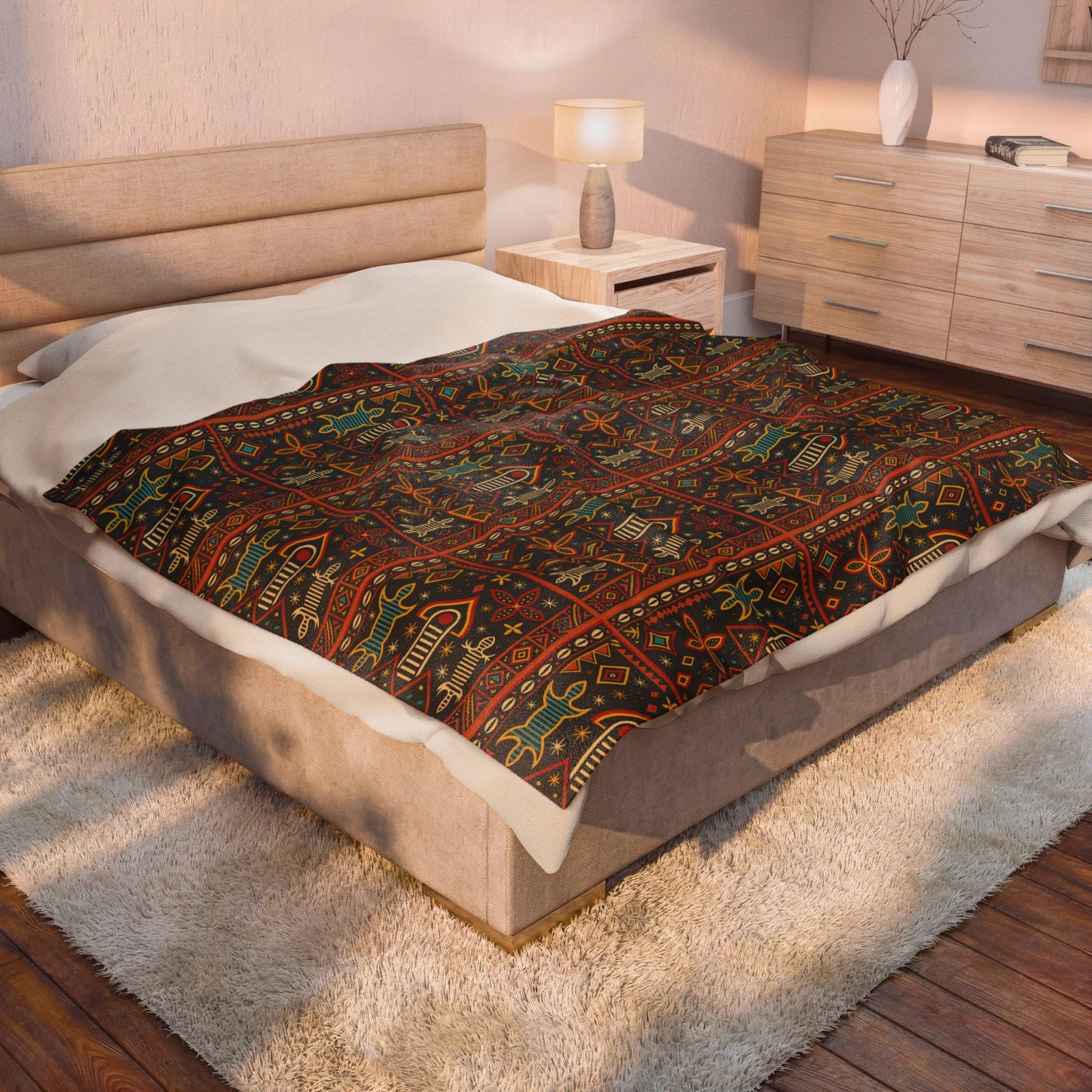 Warrior Toghu Velveteen Blanket, Cozy Throw, Ethnic Design Bedding, Soft Afrocentric Bedspread, Warm Living Room Decor