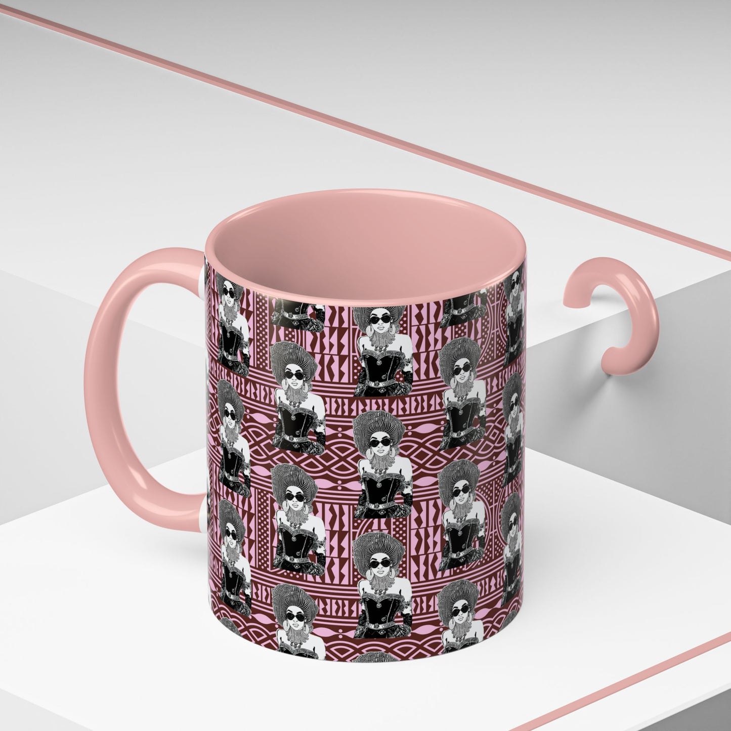 Madame Headtie(BW) Two-Tone Ceramic Coffee Mugs on Pink Ndop (4 Colors), 15oz