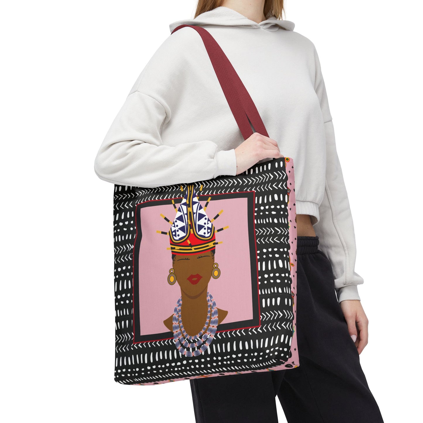 African Inspired Spiky Hat Bamileke Bamenda Girl on Pink and Mudcloth AOP Tote Bag, Ethnic Shoulder Bag, Cultural Market Bag, Colorful