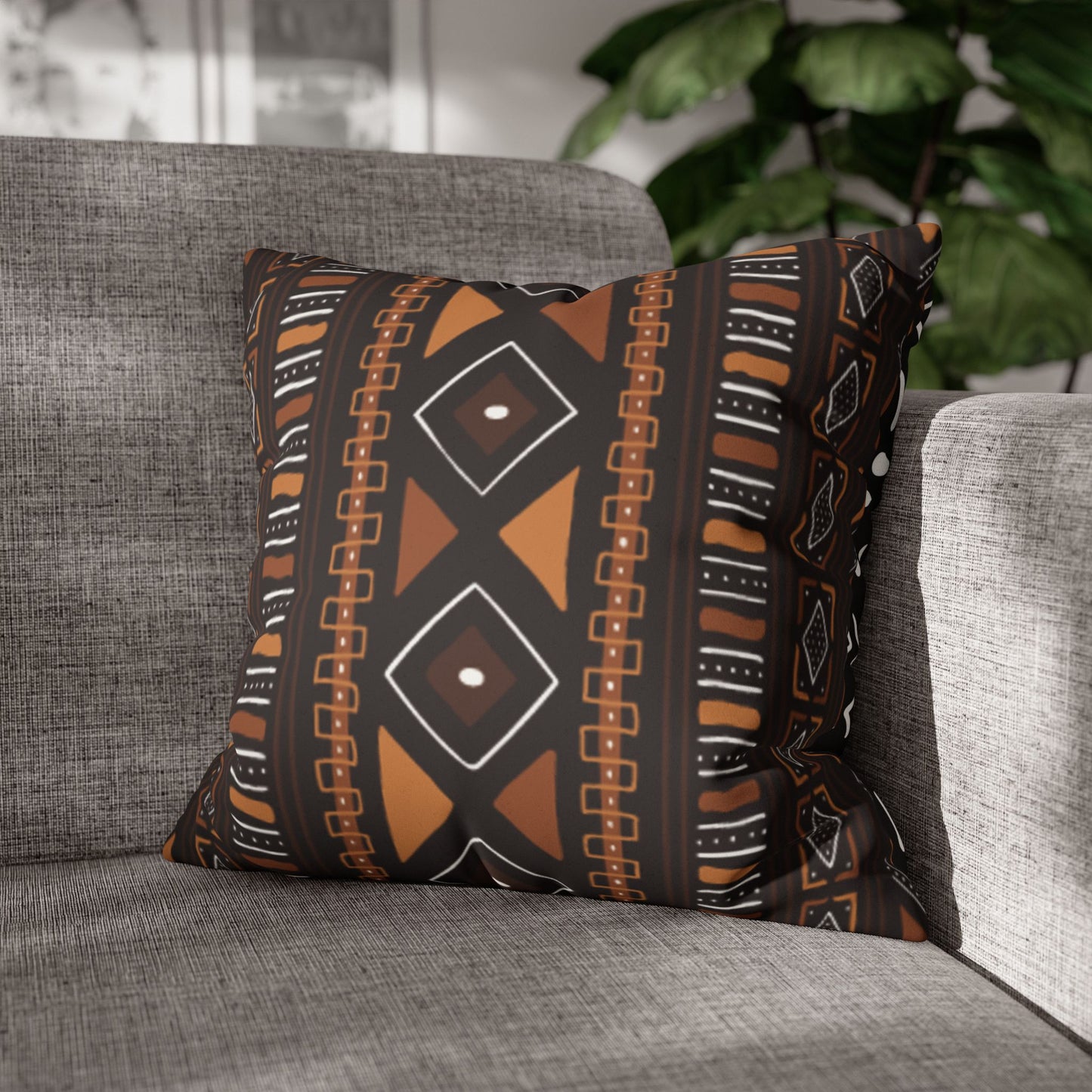 Faux Suede Pillow Case, Mudcloth Design, Square Throw Cushion, Boho Home Decor, Black/Brown Pillow Casecase, Living Room Accent, Bedroom Accessory