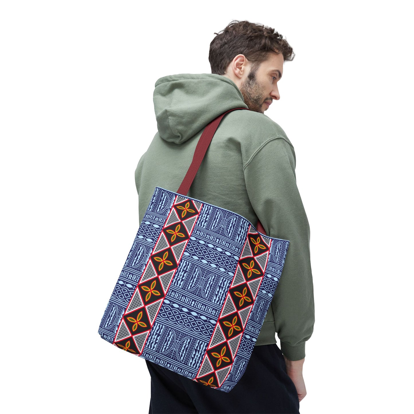Blue Tribal Ndop Pattern Canvas Tote | Geometric Ethnic Print, Vertical Toghu Stripes