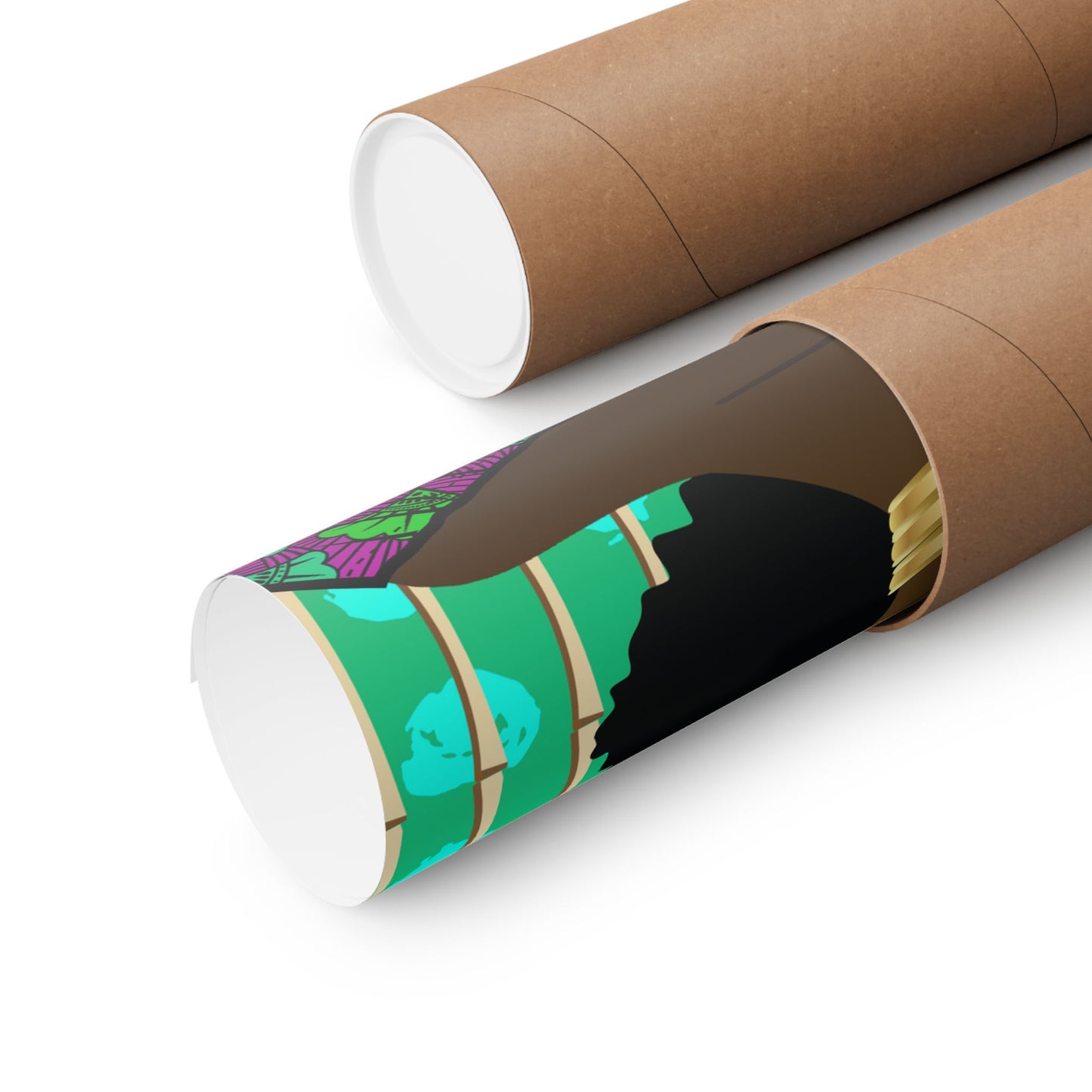 two cardboard tubes with colorful designs on them, one with a green and purple pattern and the other with a black and white pattern.