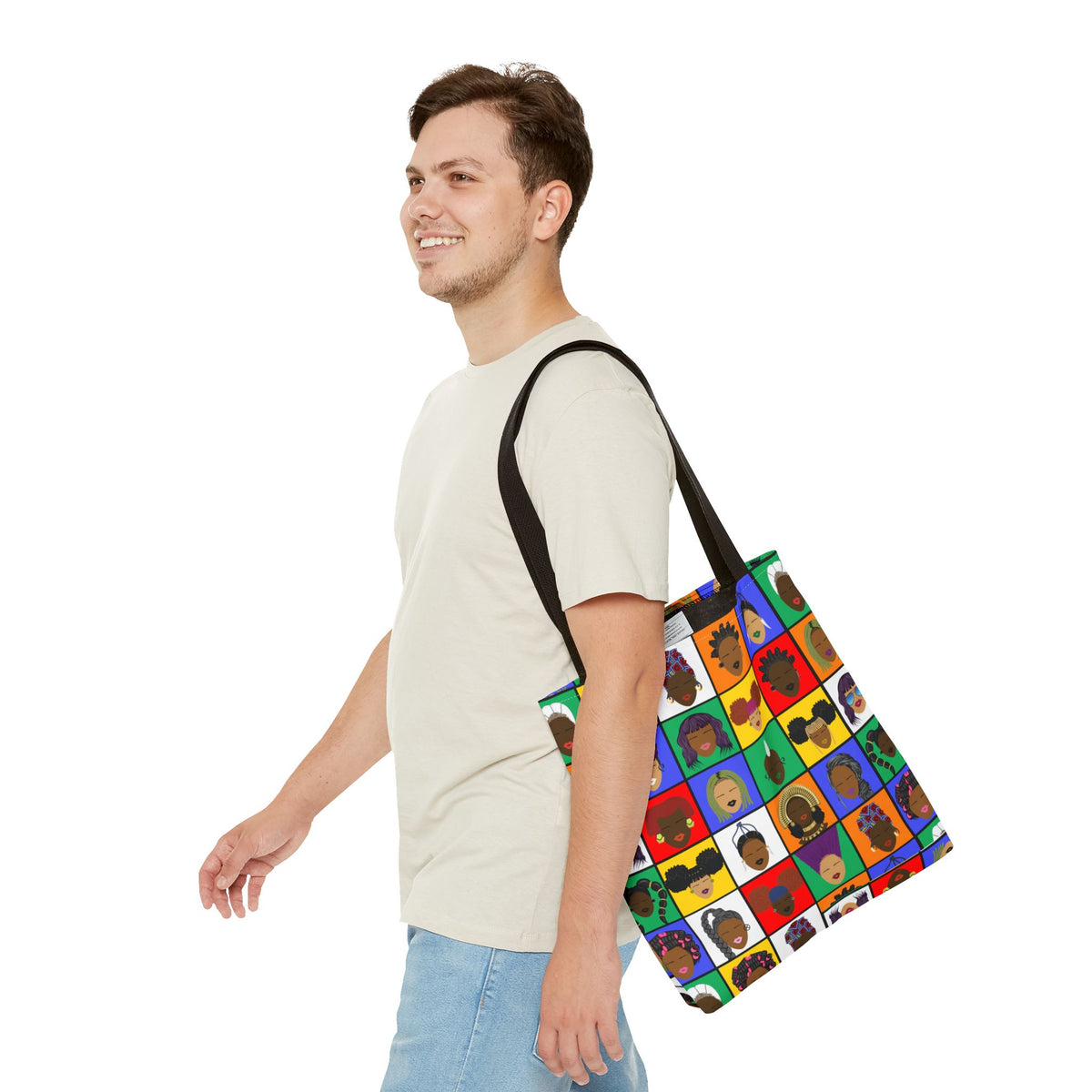 Colorful Faces Pattern Tote Bag — Multicultural Pop Art All-Over Print