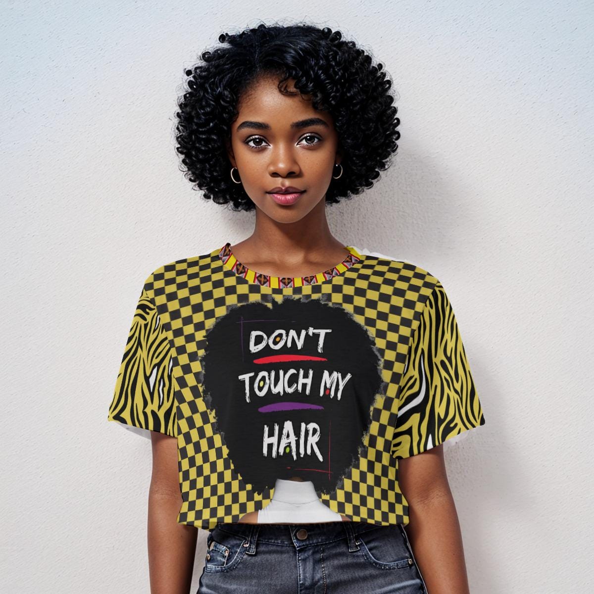 Checkered Print Crop Top: "Don't Touch My Hair" Graphic, Trendy Fashion, Ready to Ship