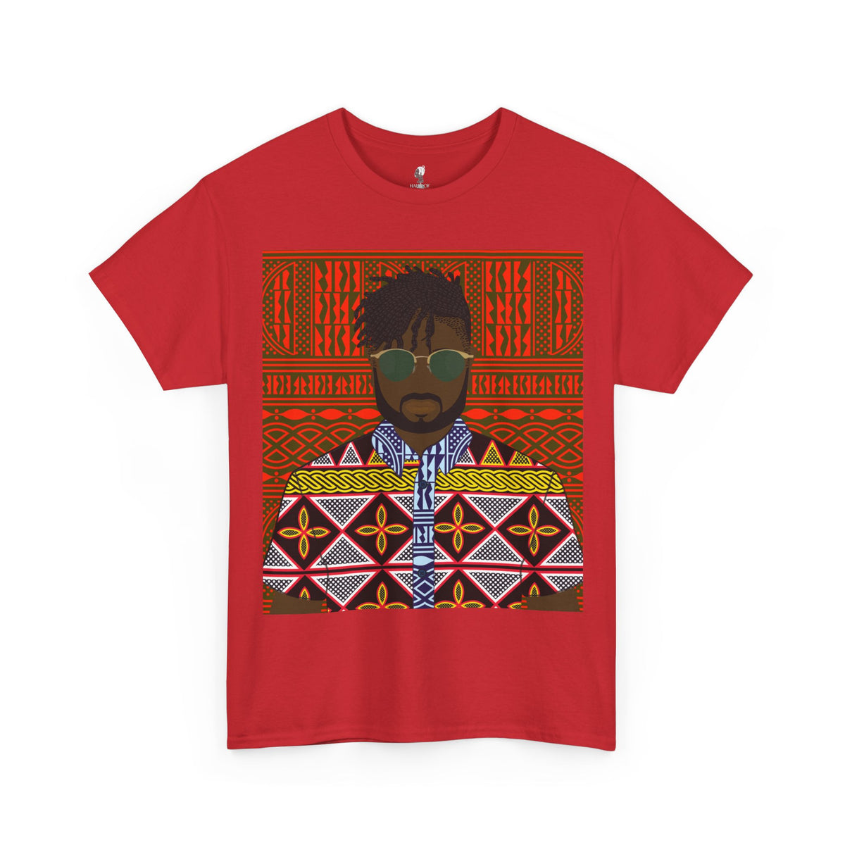 Pascale(Chocolate) in Yellow Toghu on Red Ndop Unisex Heavy Cotton Tee