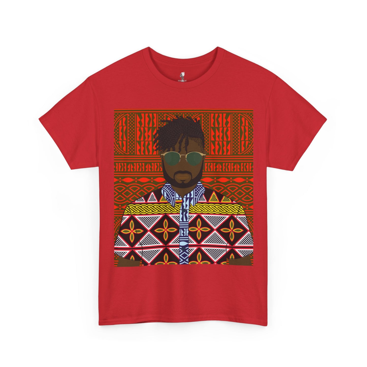 Pascale(Chocolate) in Yellow Toghu on Red Ndop Unisex Heavy Cotton Tee