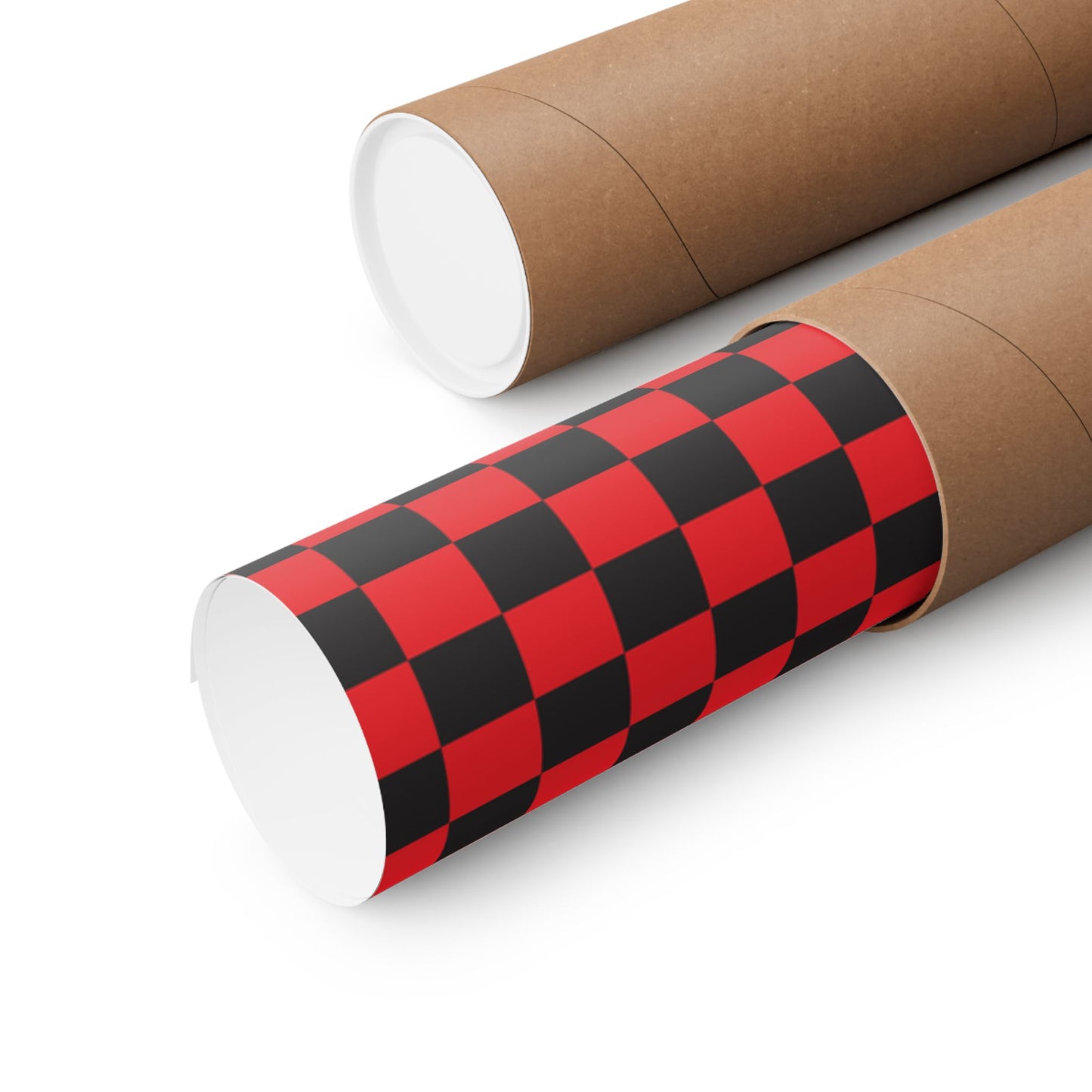 two cardboard tubes with a red and black checkered pattern on them.
