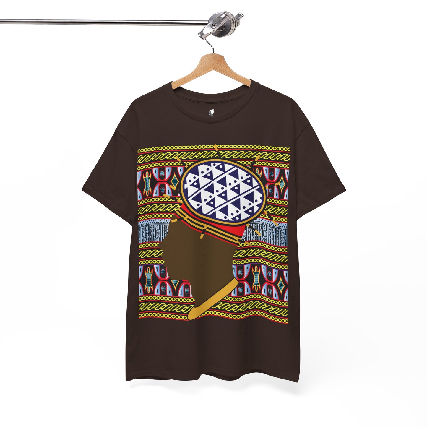 Man in Spiky Bamenda Bamileke Hat Chocolate on Black Mudcloth Unisex Heavy Cotton Tee