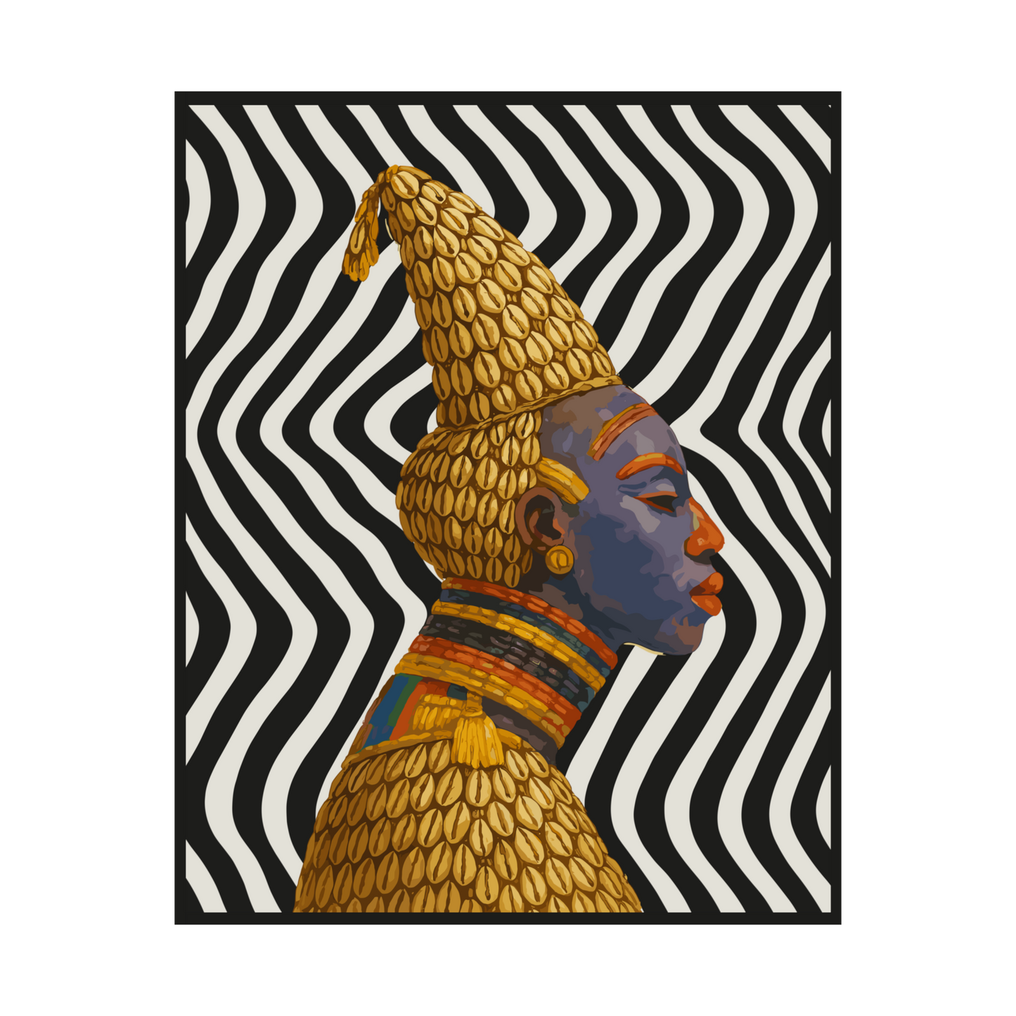 a colorful portrait of a woman with a distinctive headdress, set against a background of black and white zigzag lines.