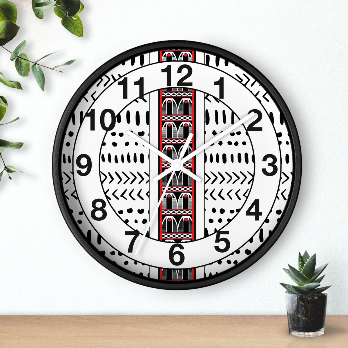 Black and White Toghu Stripe on Mudcloth Round Wood Wall Clock
